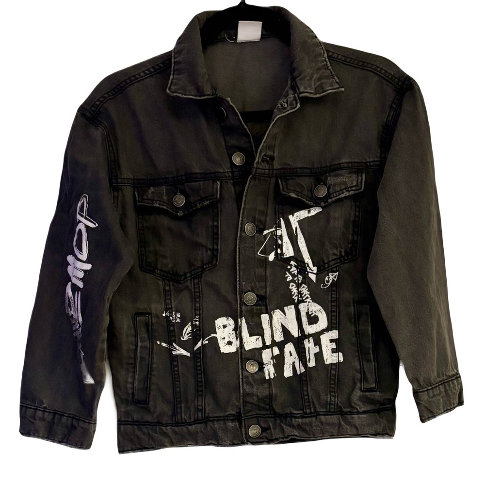 Zara boys 100% cotton black denim graffiti streetwear jacket size 9